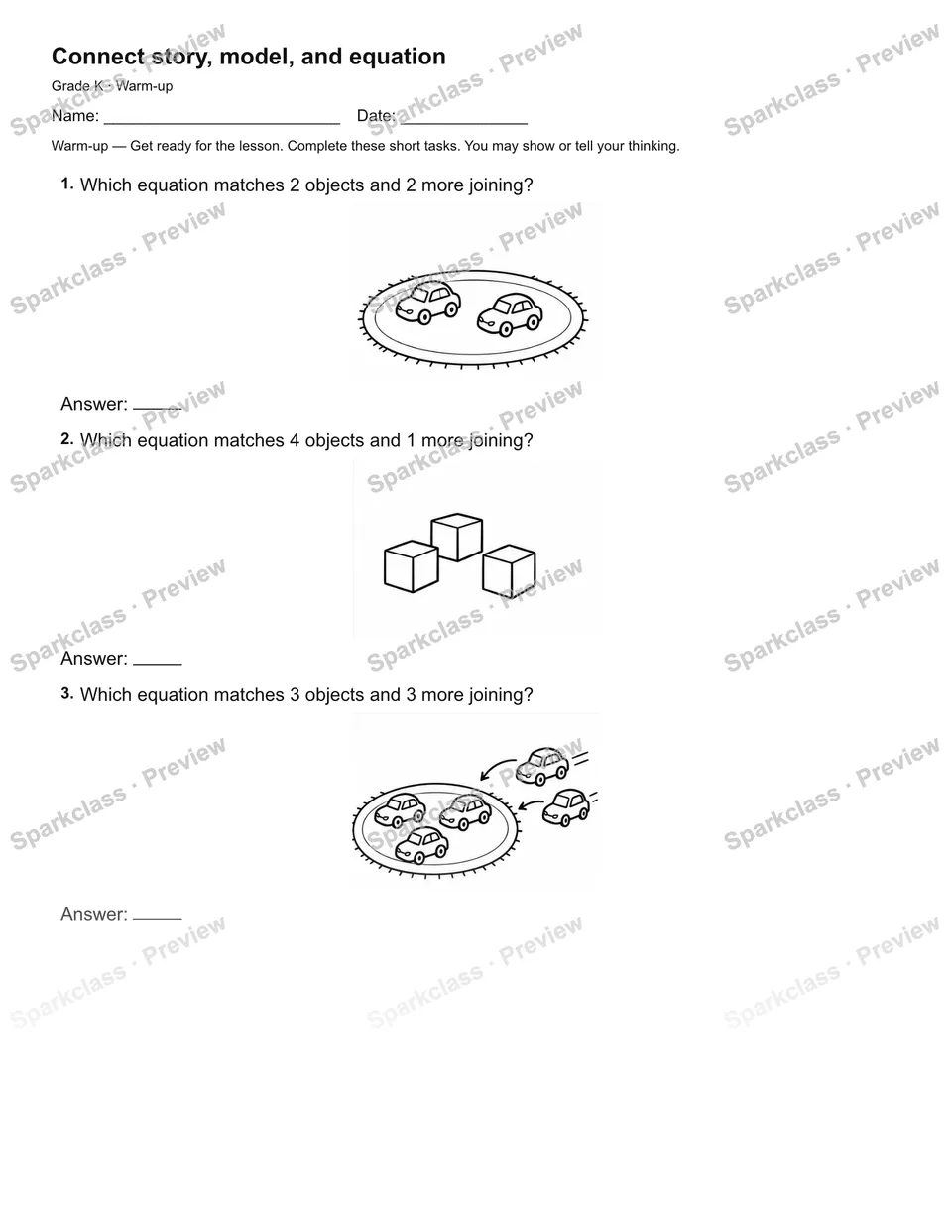 Connect story, model, and equation — Warm-up — page 1