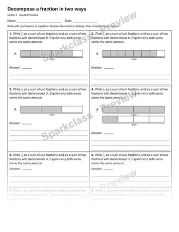 Decompose a fraction in two ways — Guided Practice — Grade 4 worksheet preview