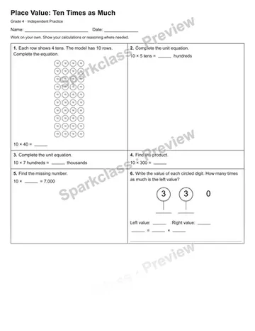Place Value: Ten Times as Much — Independent Practice — Grade 4 worksheet preview