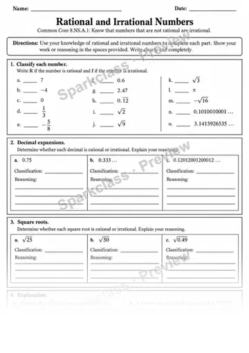8.NS.A.1 · 1 Rational Irrational Classify Variant — Grade 8 worksheet preview