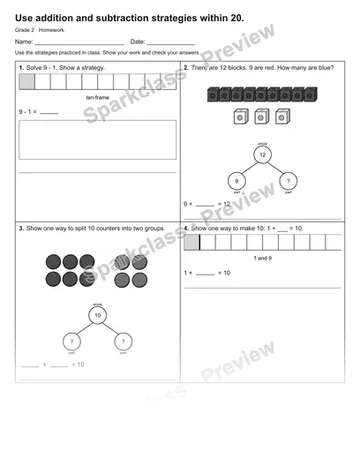 Use addition and subtraction strategies within 20. — Homework — Grade 2 worksheet preview