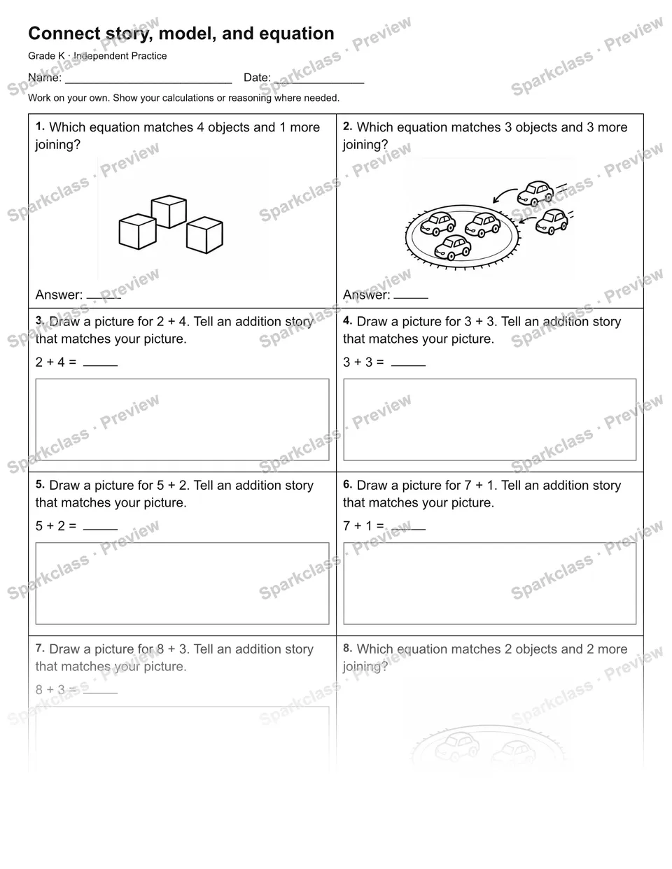 Connect story, model, and equation — Independent Practice — page 1