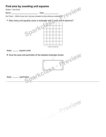 Find area by counting unit squares — Exit Ticket — Grade 3 worksheet preview