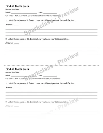 Find all factor pairs — Exit Ticket — Grade 4 worksheet preview