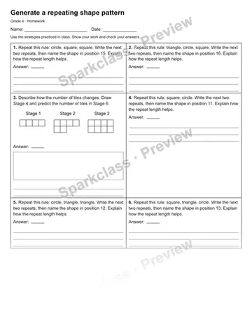 Generate a repeating shape pattern — Homework — Grade 4 worksheet preview