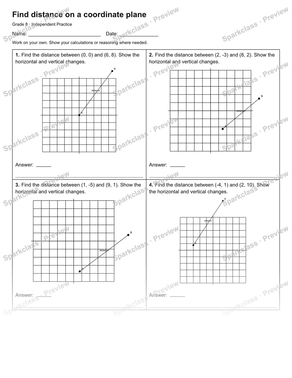 Find distance on a coordinate plane — Independent Practice — page 1