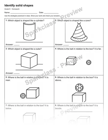 Identify solid shapes — Homework — Kindergarten worksheet preview