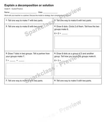 Explain a decomposition or solution — Guided Practice — Kindergarten worksheet preview