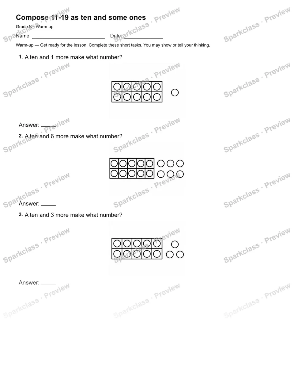 Compose 11-19 as ten and some ones — Warm-up — page 1