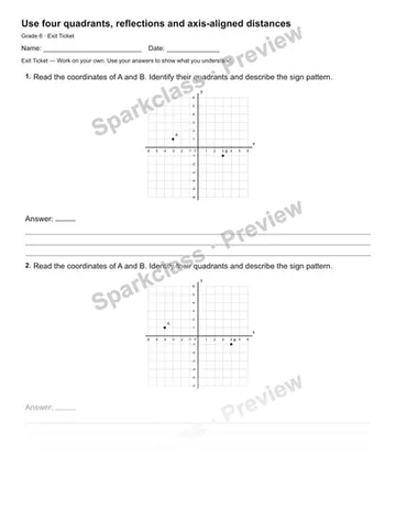 Use four quadrants, reflections and axis-aligned distances — Exit Ticket — Grade 6 worksheet preview