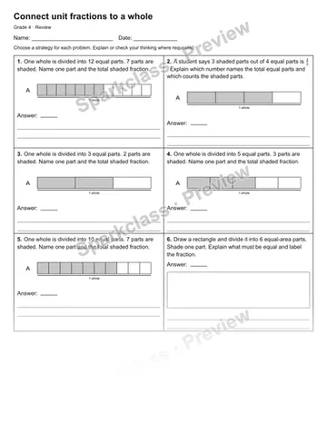 Connect unit fractions to a whole — Review — Grade 4 worksheet preview