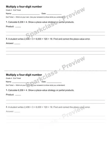 Multiply a four-digit number — Exit Ticket — Grade 4 worksheet preview