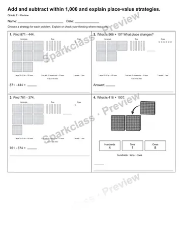 Add and subtract within 1,000 and explain place-value strategies. — Review — Grade 2 worksheet preview