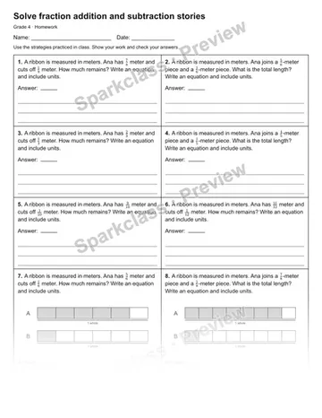 Solve fraction addition and subtraction stories — Homework — Grade 4 worksheet preview