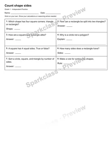 Count shape sides — Independent Practice — Grade 1 worksheet preview