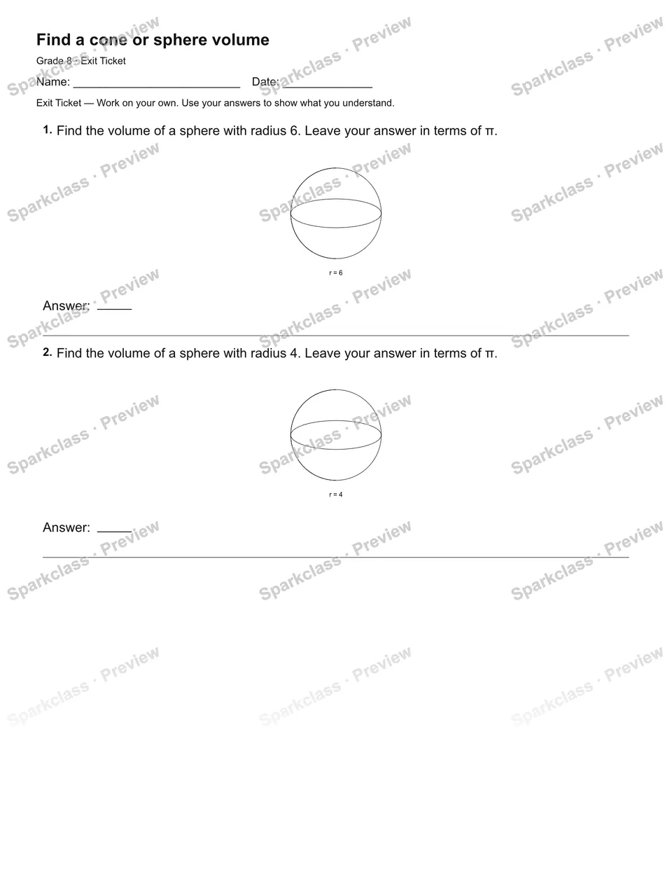 Find a cone or sphere volume — Exit Ticket — page 1