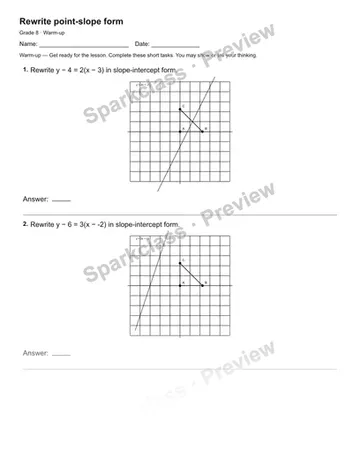 Rewrite point-slope form — Warm-up — Grade 8 worksheet preview