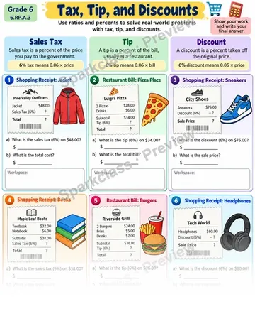 Tax Tip Discount — Grade 6 worksheet preview