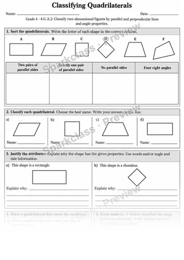 2 Classify Quadrilaterals — Grade 4 worksheet preview
