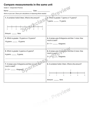 Compare measurements in the same unit — Independent Practice — Grade 3 worksheet preview