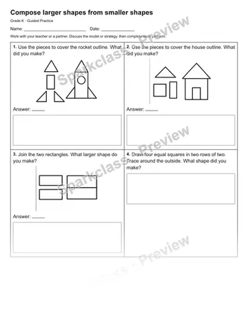 Compose larger shapes from smaller shapes — Guided Practice — Kindergarten worksheet preview