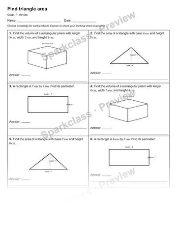Find triangle area — Review — Grade 7 worksheet preview