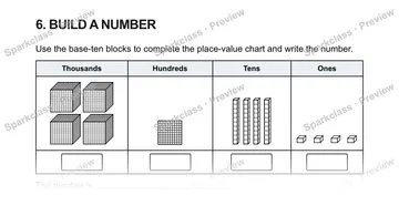 6. BUILD A NUMBER Use the base-ten blocks to complete the place-value chart and write the number. Thousands Hundreds Tens Ones The number is . — Grade 5 problem preview