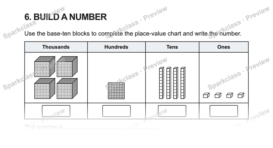 6. BUILD A NUMBER Use the base-ten blocks to complete the place-value chart and write the number. Thousands Hundreds Tens Ones The number is . — page 1