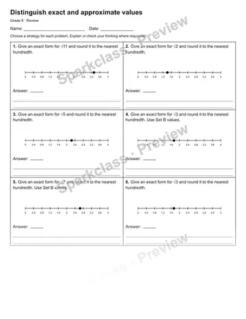 Distinguish exact and approximate values — Review — Grade 8 worksheet preview