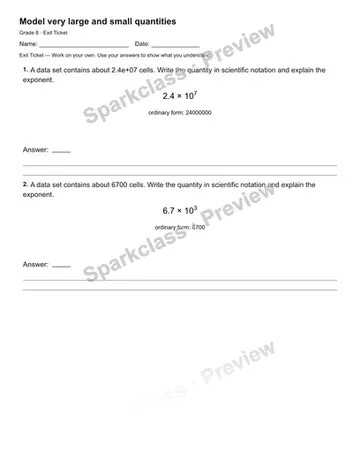 Model very large and small quantities — Exit Ticket — Grade 8 worksheet preview