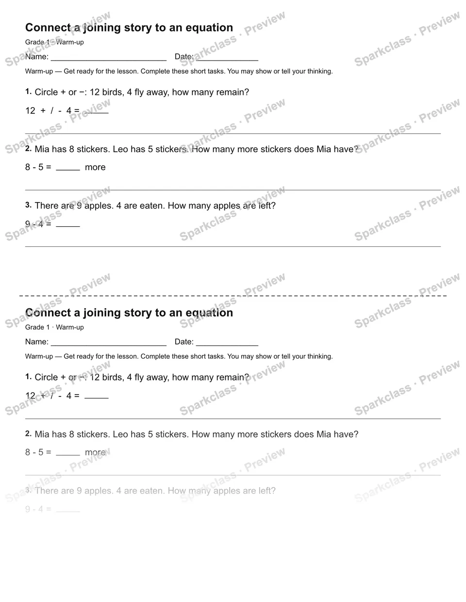 Connect a joining story to an equation — Warm-up — page 1