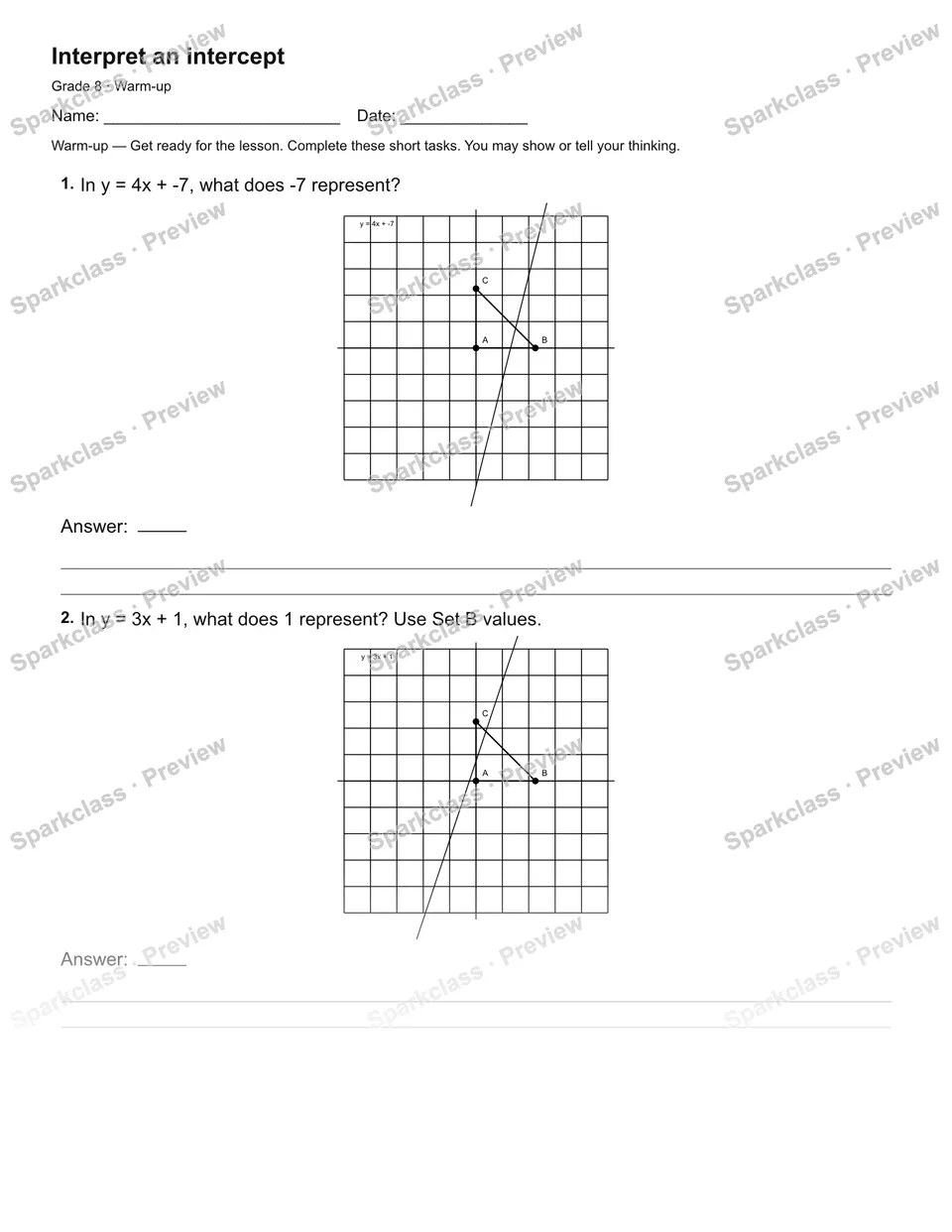 Interpret an intercept — Warm-up — page 1