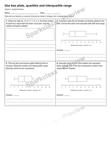 Use box plots, quartiles and interquartile range — Guided Practice — Grade 6 worksheet preview