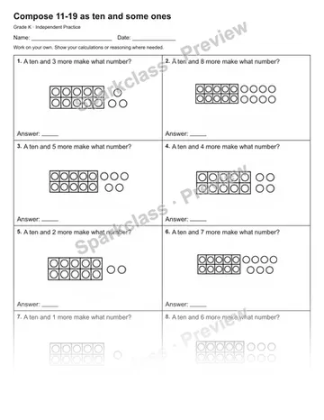 Compose 11-19 as ten and some ones — Independent Practice — Kindergarten worksheet preview