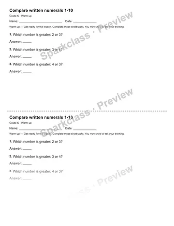 Compare written numerals 1-10 — Warm-up — Kindergarten worksheet preview