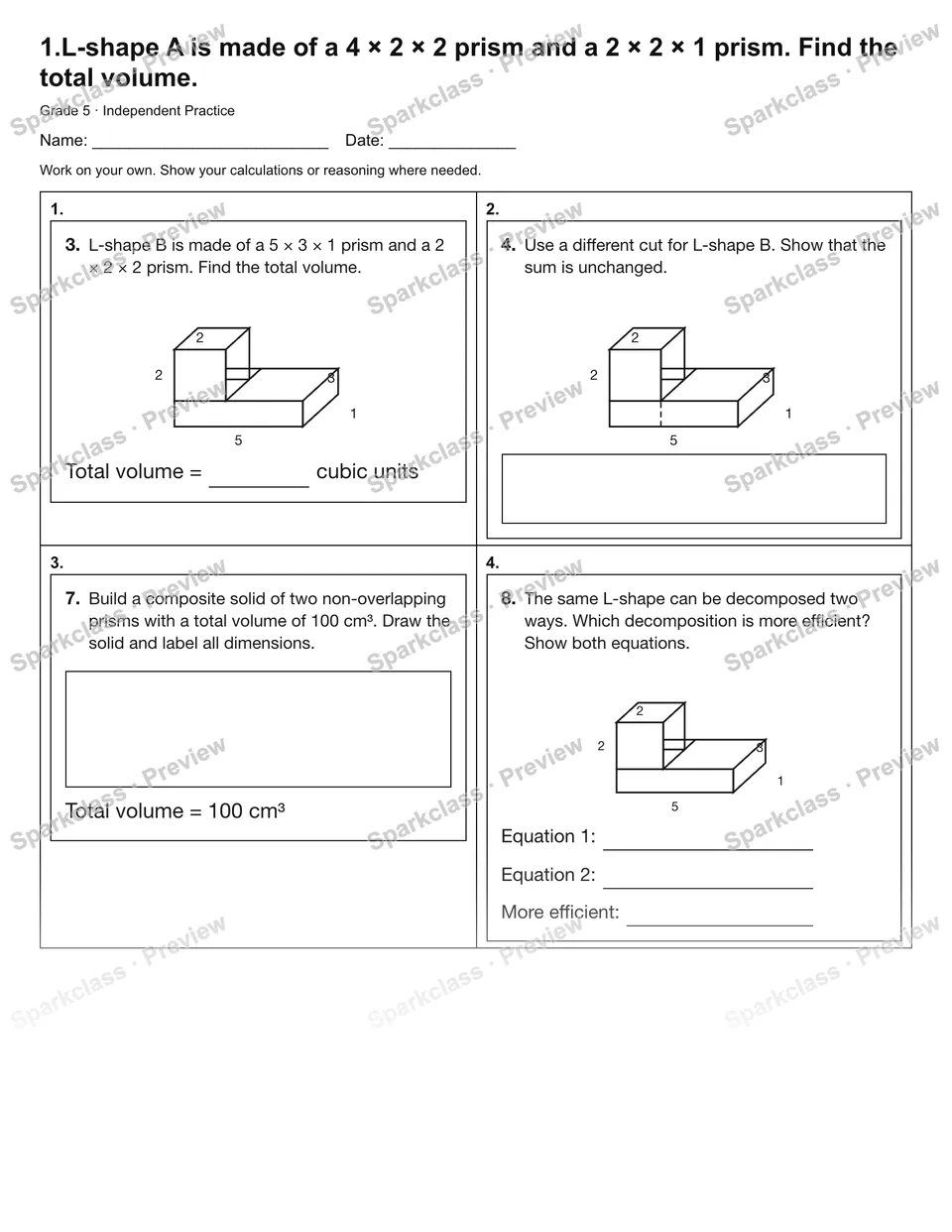 1.L-shape A is made of a 4 × 2 × 2 prism and a 2 × 2 × 1 prism. Find the total volume. — Independent Practice — page 1