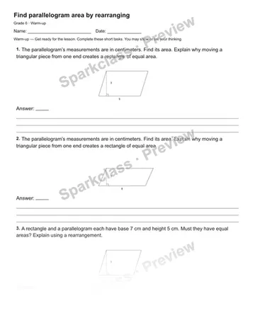 Find parallelogram area by rearranging — Warm-up — Grade 6 worksheet preview