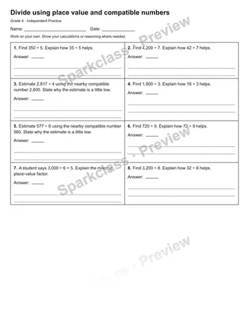 Divide using place value and compatible numbers — Independent Practice — Grade 4 worksheet preview