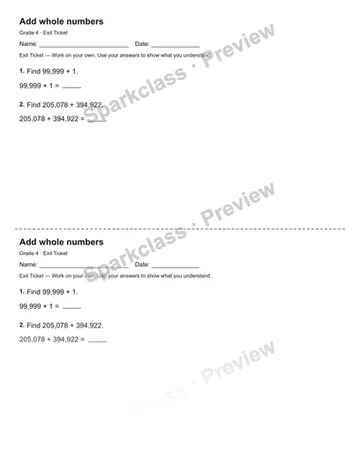 Add whole numbers — Exit Ticket — Grade 4 worksheet preview
