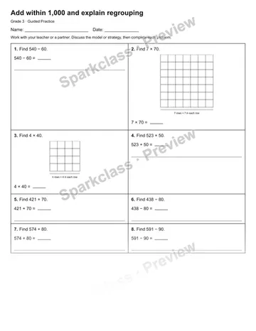 Add within 1,000 and explain regrouping — Guided Practice — Grade 3 worksheet preview