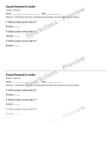 Count forward in order — Warm-up — Kindergarten worksheet preview