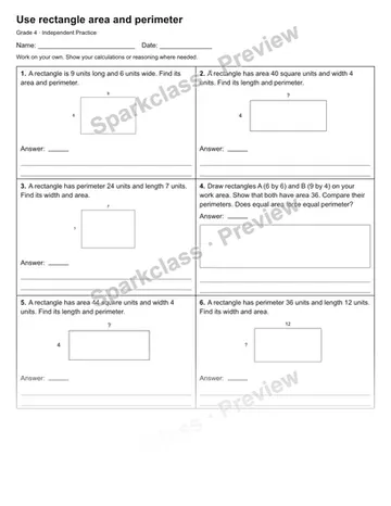 Use rectangle area and perimeter — Independent Practice — Grade 4 worksheet preview