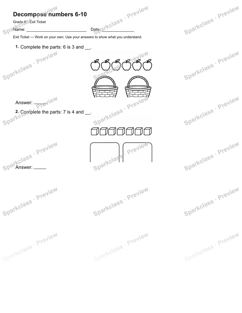 Decompose numbers 6-10 — Exit Ticket — page 2
