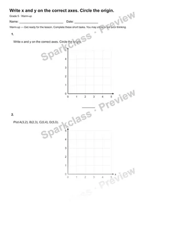Write x and y on the correct axes. Circle the origin. — Warm-up — Grade 5 worksheet preview