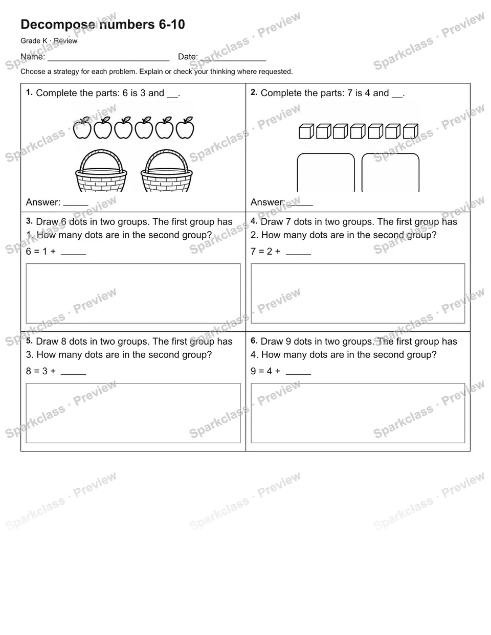 Decompose numbers 6-10 — Review — page 1