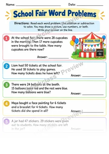 2.OA.A.1 · School Fair Word Problems — Grade 2 worksheet preview