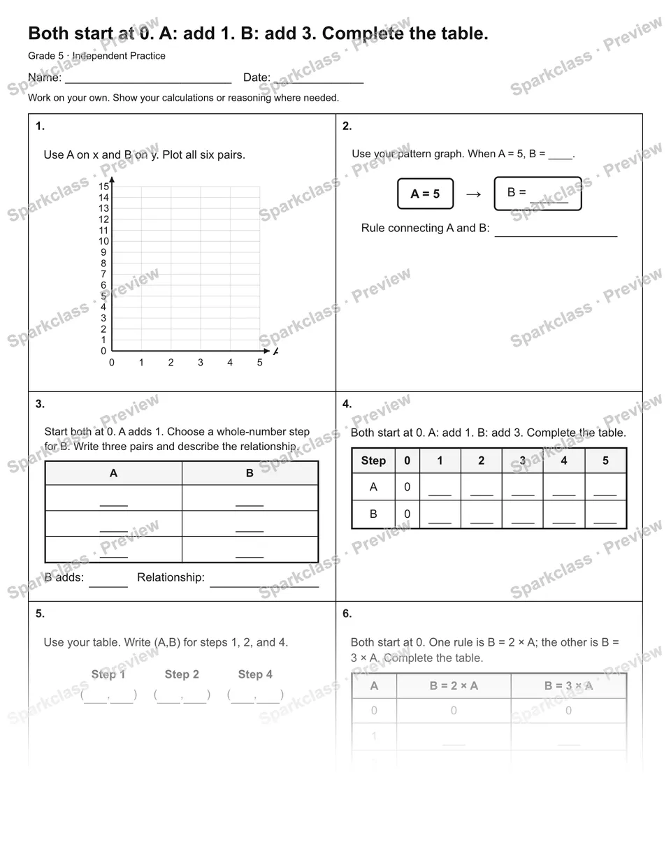 Both start at 0. A: add 1. B: add 3. Complete the table. — Independent Practice — page 1