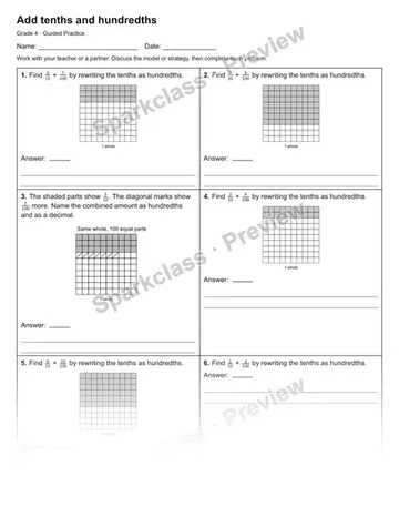 Add tenths and hundredths — Guided Practice — Grade 4 worksheet preview