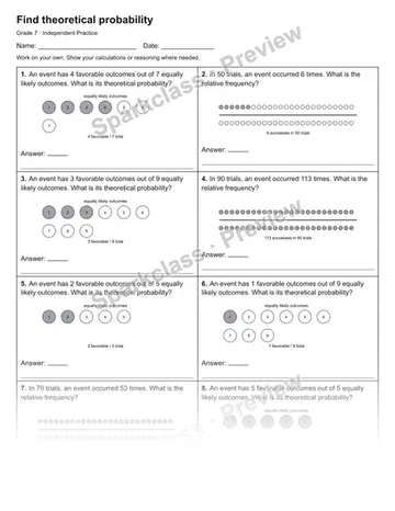 Find theoretical probability — Independent Practice — Grade 7 worksheet preview