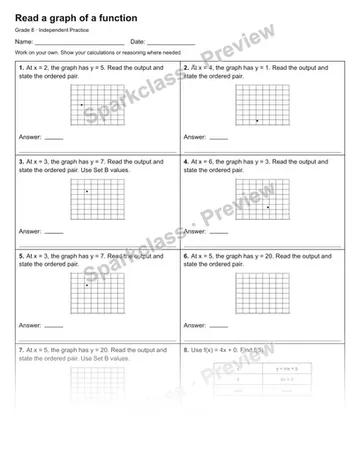 Read a graph of a function — Independent Practice — Grade 8 worksheet preview